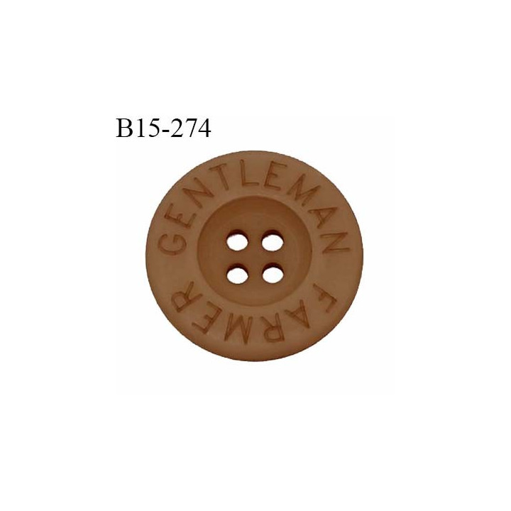 Bouton 15 mm en pvc couleur marron inscription Gentleman Farmer 4 trous diamètre 15 mm épaisseur 3 mm prix à la pièce