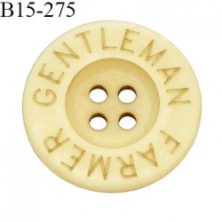 Bouton 15 mm en pvc couleur beige clair inscription Gentleman Farmer 4 trous diamètre 15 mm épaisseur 3 mm prix à la pièce