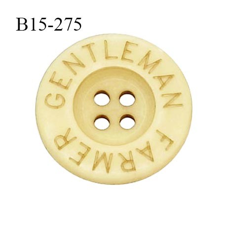 Bouton 15 mm en pvc couleur beige inscription Gentleman Farmer 4 trous diamètre 15 mm épaisseur 3 mm prix à la pièce