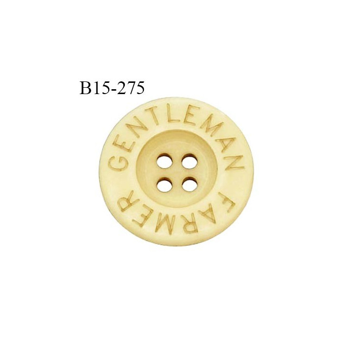 Bouton 15 mm en pvc couleur beige inscription Gentleman Farmer 4 trous diamètre 15 mm épaisseur 3 mm prix à la pièce