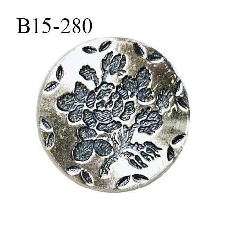 Bouton 15 mm très haut de gamme métal couleur argent avec motif incrusté fleur accroche avec un anneau prix à l'unité