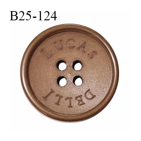 Bouton 25 mm couleur marron inscription Lucas Delti très belle qualité 4 trous diamètre 25 mm épaisseur 4 mm prix à l'unité
