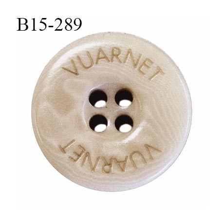 Bouton 15 mm couleur beige clair inscription Vuarnet 4 trous diamètre 15 mm épaisseur 3 mm prix à l'unité