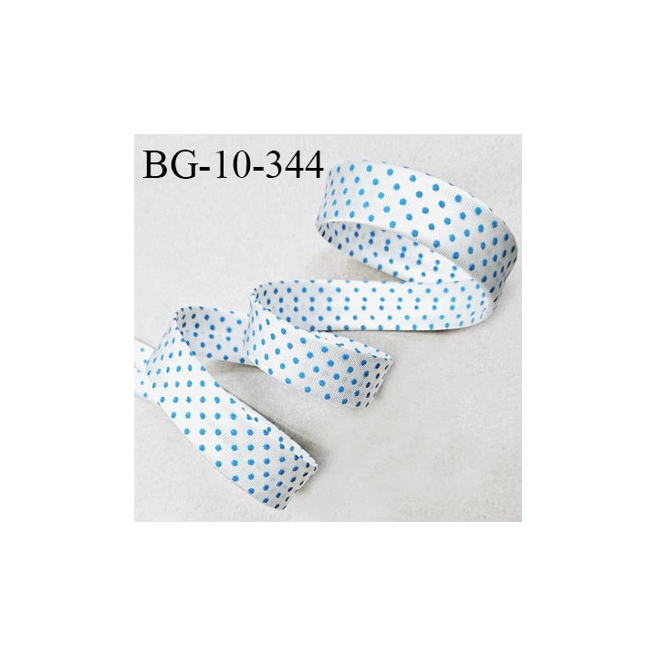 Biais plié 10 mm couleur blanc avec des pois bleu turquoise effet satin largeur 10 mm prix au mètre