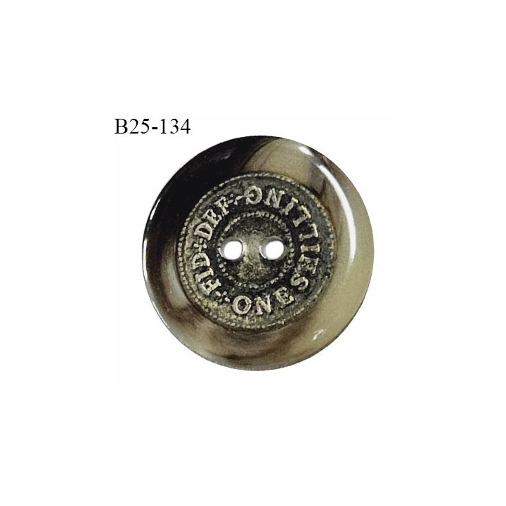Bouton 25 mm pvc couleur beige et marron marbré avec inscription métallisée 2 trous fabriqué en France prix à l'unité