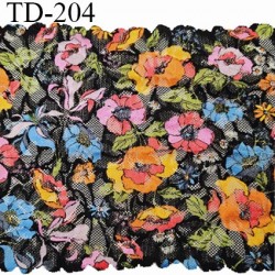 Dentelle 20 cm lycra brodée extensible très haut de gamme largeur 20 cm couleur noir avec fleurs multicolores prix au mètre