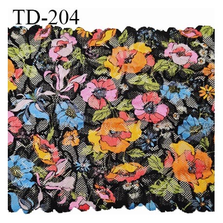 Dentelle 20 cm lycra brodée extensible très haut de gamme largeur 20 cm couleur noir avec fleurs multicolores prix au mètre