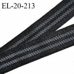 Elastique 21 mm couleur noir avec deux petites bandes anti-glisse grises largeur 21 mm allongement +140% prix au mètre