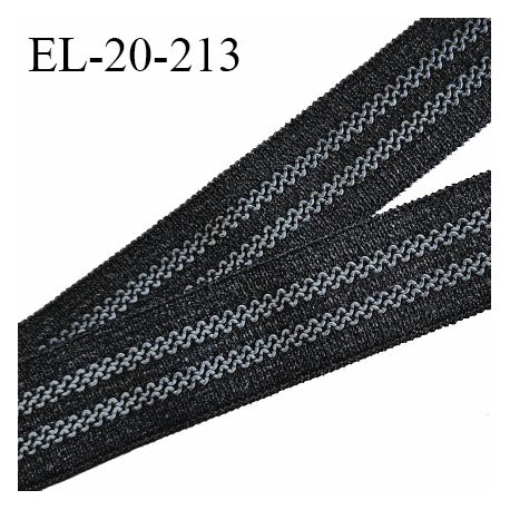 Elastique 21 mm couleur noir avec deux petites bandes anti-glisse grises largeur 21 mm allongement +140% prix au mètre