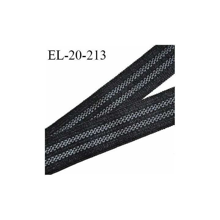 Elastique 21 mm couleur noir avec deux petites bandes anti-glisse grises largeur 21 mm allongement +140% prix au mètre