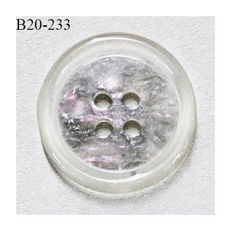 Bouton 20 mm en pvc transparent et gris brillant 4 trous diamètre 20 mm épaisseur 3.5 mm prix à l'unité