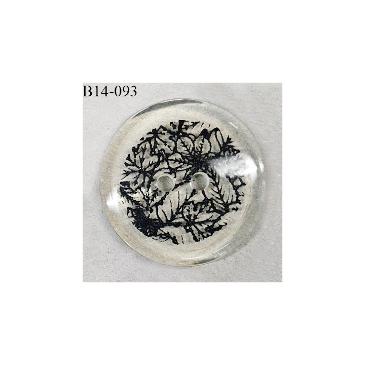 Bouton 14 mm pvc transparent avec motif feuillage noir 2 trous diamètre 14 mm épaisseur 3 mm prix à l'unité