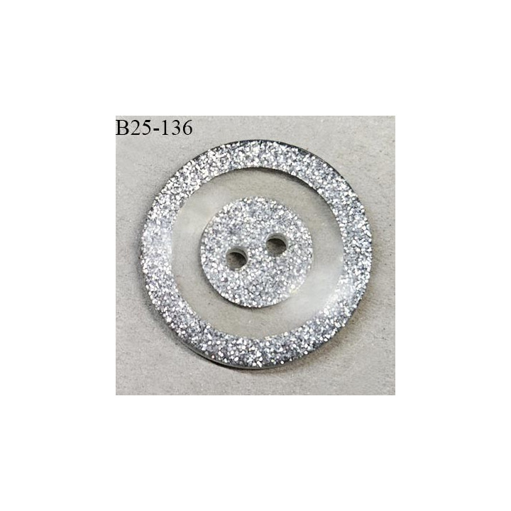 Bouton 25 mm en pvc transparent et pailleté argenté fabriqué en France 2 trous diamètre 25 mm épaisseur 4 mm prix à l'unité