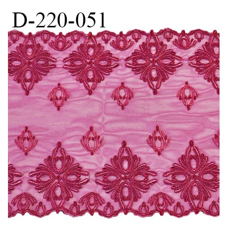 Dentelle 22 cm lycra brodée extensible très haut de gamme largeur 22 cm couleur rose fuchsia très belle prix au mètre