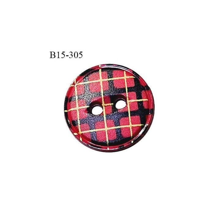 Bouton 15 mm motif écossais couleur rouge jaune et bleu marine 2 trous diamètre 15 mm épaisseur 3 mm prix à l'unité