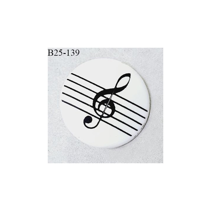 Bouton 25 mm en pvc couleur blanc à motif clef de sol noire fabriqué en France accroche avec un anneau prix à l'unité