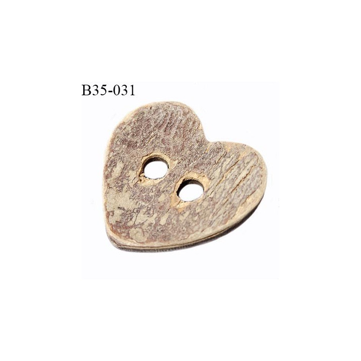Bouton 35 mm en bois de coco naturel en forme de coeur largeur 35 mm 2 trous prix à la pièce