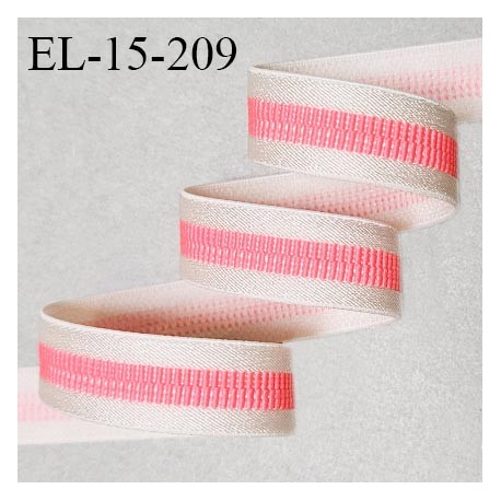 Elastique 15 mm lingerie haut de gamme couleur naturel rosé avec bande rose flashy au centre bonne élasticité prix au mètre