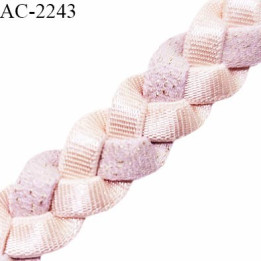 Bretelle 13 mm lingerie et bain tresse spaghetti extensible couleur rose pâle et parme clair avec touches de lurex doré