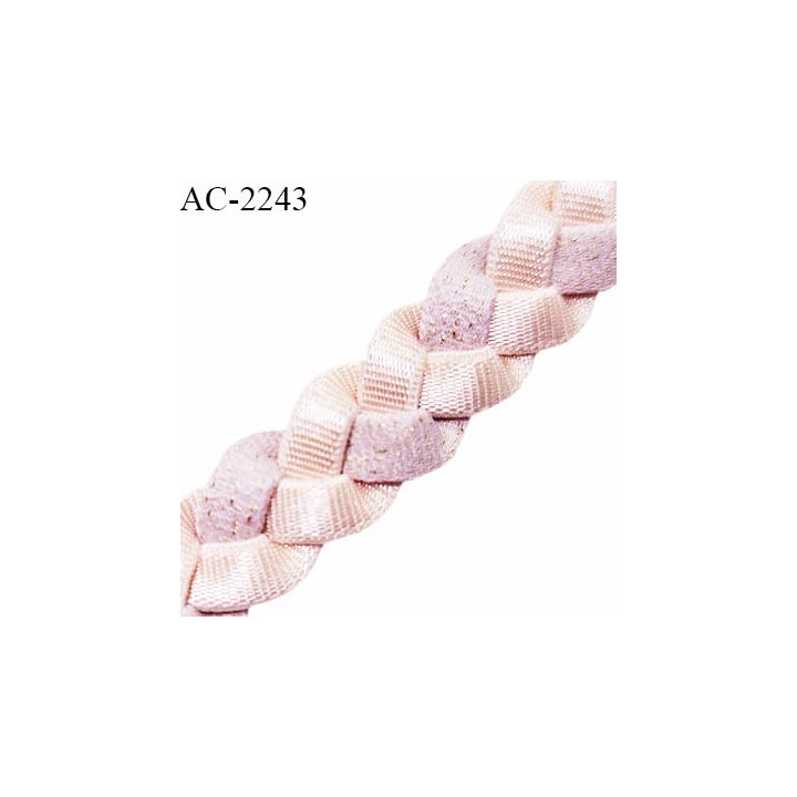 Bretelle 13 mm lingerie et bain tresse spaghetti extensible couleur rose pâle et parme clair avec touches de lurex doré