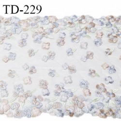 Tissu dentelle brodée 23 cm extensible haut de gamme fleurs brodées sur tulle beige rosé largeur 24 cm prix pour 1 m