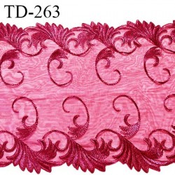 Dentelle 24 cm brodée sur tulle extensible couleur rose indien haut de gamme douce agréable au toucher largeur 24 cm prix pour 1
