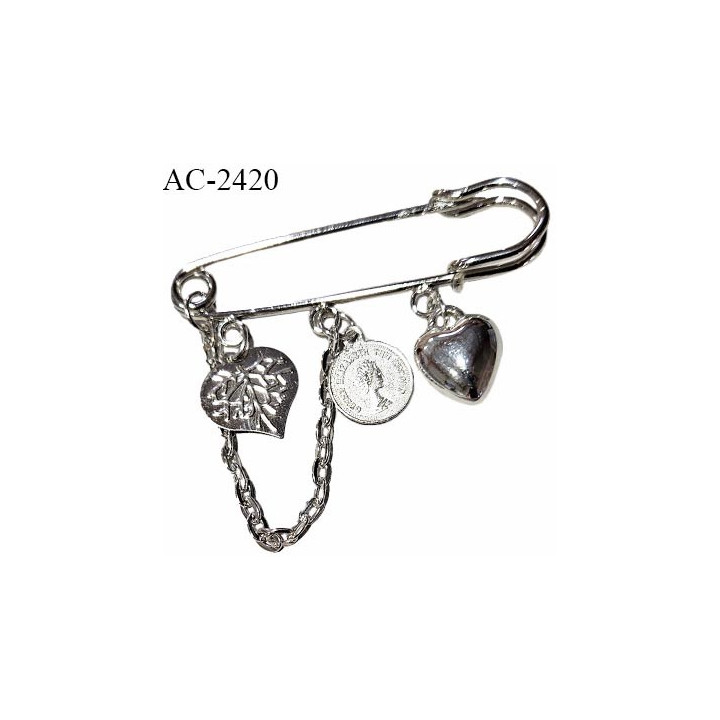 Epingle kilt métal couleur chrome avec breloques épingle pour kilt et autres longueur 6 cm largeur 1.5 cm prix à l'unité