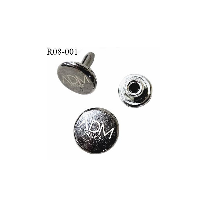 Rivet couleur argent inscription ADM France diamètre 8 mm épaisseur 2 mm prix à la pièce composée de 2 éléments