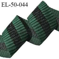 Elastique 50 mm style bord-côte couleur vert et lurex noir au centre largeur 50 mm allongement +110% prix au mètre