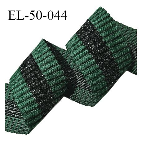 Elastique 50 mm style bord-côte couleur vert et lurex noir au centre largeur 50 mm allongement +110% prix au mètre