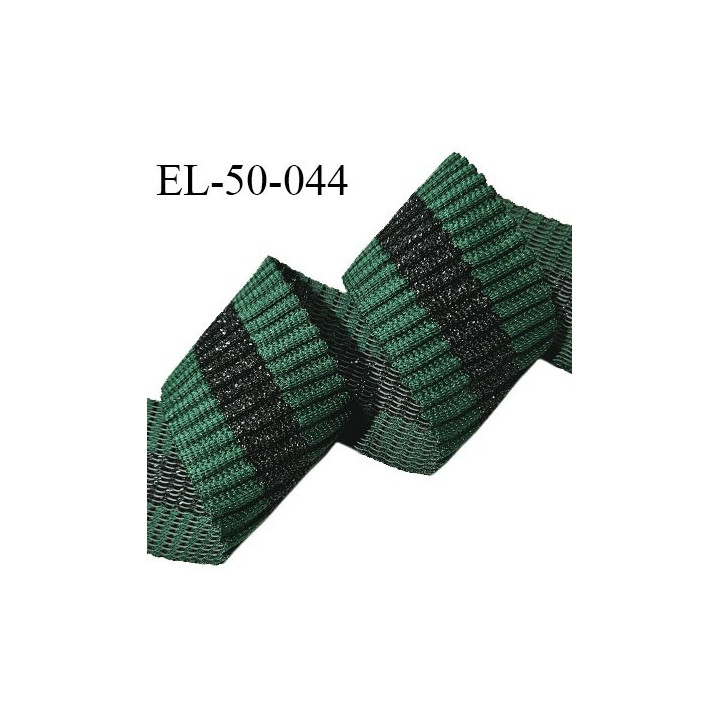 Elastique 50 mm style bord-côte couleur vert et lurex noir au centre largeur 50 mm allongement +110% prix au mètre