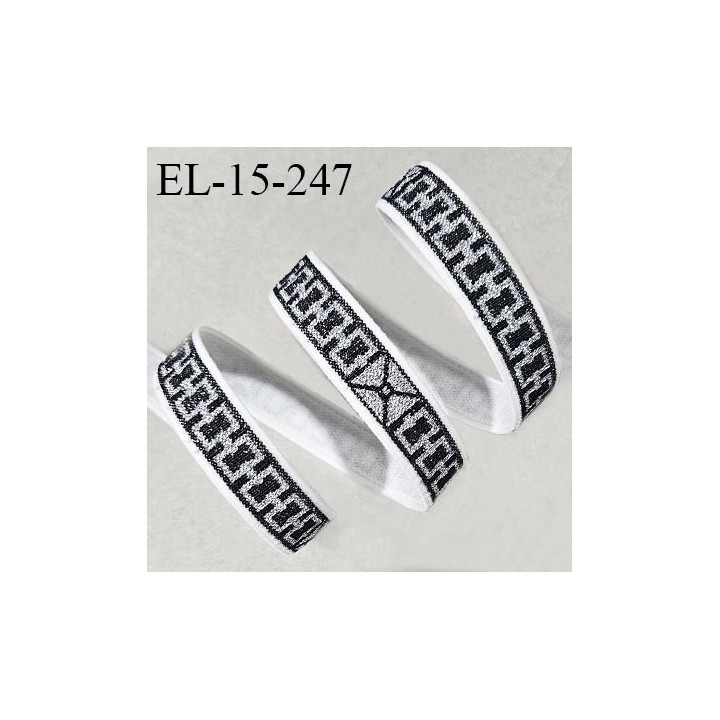 Elastique lingerie 15 mm haut de gamme couleur écru avec motif lurex argent et noir largeur 15 mm allongement +50% prix au mètre