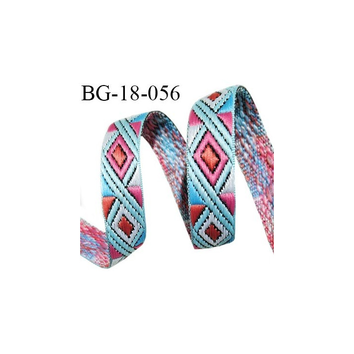 Galon ruban brodé 18 mm avec motifs éthniques couleur bleu rose et orange largeur 18 mm prix au mètre