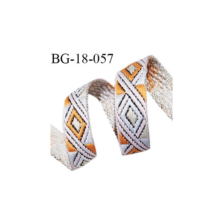 Galon ruban brodé 18 mm avec motifs éthniques couleur gris orange et beige rosé largeur 18 mm prix au mètre