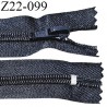 Fermeture zip 22 cm non séparable couleur gris avec glissière nylon invisible largeur 3 cm longueur 22 cm