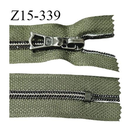 Fermeture zip 15 cm couleur vert kaki non séparable curseur métal longueur 15 cm largeur 2.7 cm