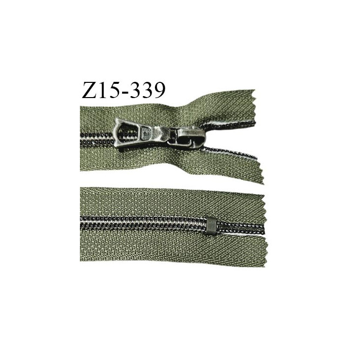 Fermeture zip 15 cm couleur vert kaki non séparable curseur métal longueur 15 cm largeur 2.7 cm