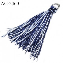 Pendentif pompon décor ornement couleur bleu et blanc hauteur 40 mm anneau couleur argent  diamètre intérieur 5 mm