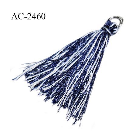 Pendentif pompon décor ornement couleur bleu et blanc hauteur 40 mm anneau couleur argent diamètre intérieur 5 mm