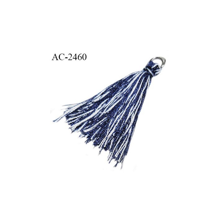 Pendentif pompon décor ornement couleur bleu et blanc hauteur 40 mm anneau couleur argent  diamètre intérieur 5 mm