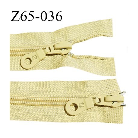 Fermeture zip 65 cm couleur jaune pâle double curseur longueur 65 cm largeur 3.2 cm zip moulée largeur 6.5 mm prix à l'unité