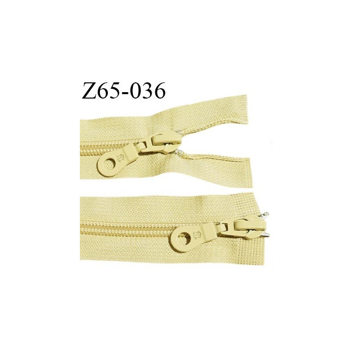 Fermeture zip 65 cm couleur jaune pâle double curseur longueur 65 cm largeur 3.2 cm zip moulée largeur 6.5 mm prix à l'unité