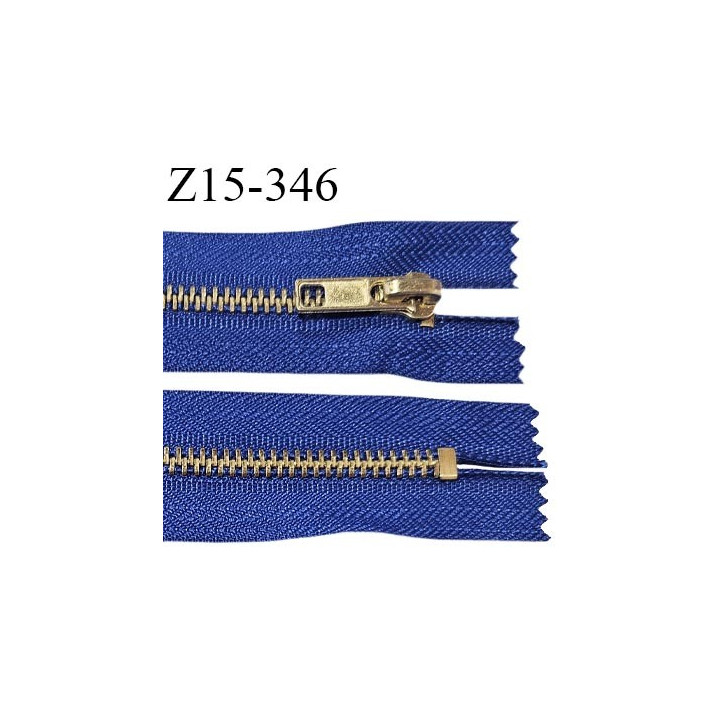 Fermeture zip 15 cm couleur bleu non séparable largeur 3.2 cm glissière métal couleur or  largeur 6 mm