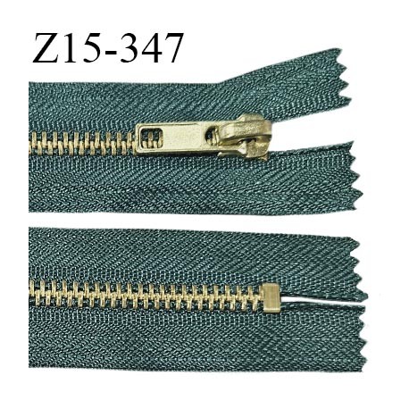 Fermeture zip 15 cm couleur vert non séparable largeur 3.2 cm glissière métal couleur or largeur 6 mm longueur 15 cm