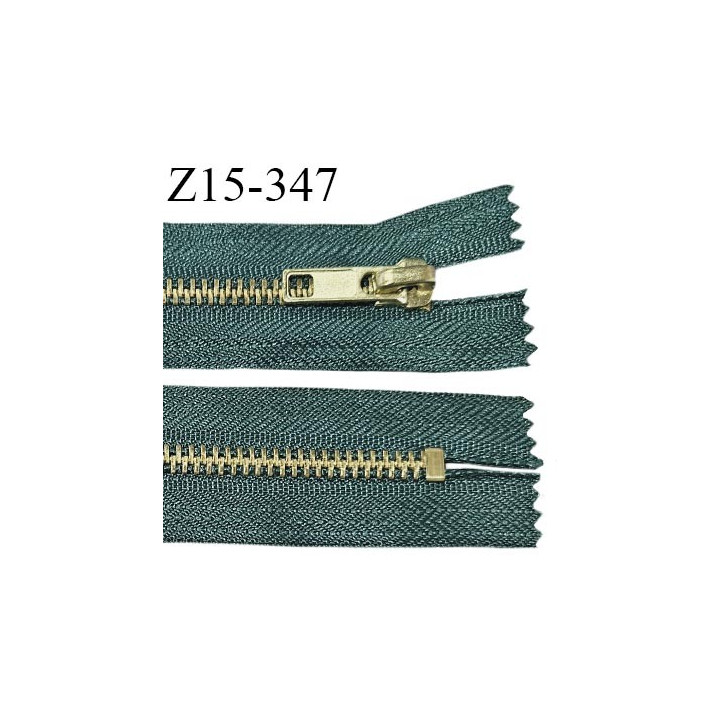 Fermeture zip 15 cm couleur vert non séparable largeur 3.2 cm glissière métal couleur or largeur 6 mm longueur 15 cm