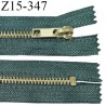 Fermeture zip 15 cm couleur vert non séparable largeur 3.2 cm glissière métal couleur or largeur 6 mm longueur 15 cm