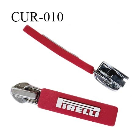 Curseur en métal couleur argent pour glissière de 6.5 mm avec tirette silicone rouge inscription Pirelli prix à la pièce