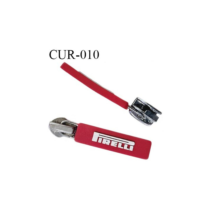 Curseur en métal couleur argent pour glissière de 6.5 mm avec tirette silicone rouge inscription Pirelli prix à la pièce