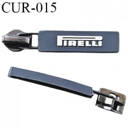 Curseur en métal couleur argent vieilli pour glissière de 6 mm avec tirette silicone gris inscription Pirelli prix à la pièce