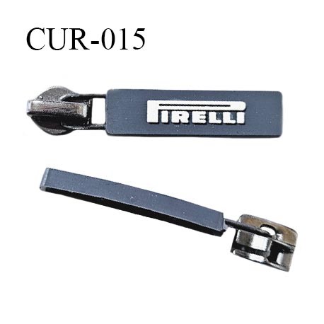 Curseur en métal couleur argent vieilli pour glissière de 6 mm avec tirette silicone gris inscription Pirelli prix à la pièce